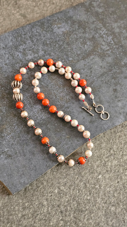 Champagne Pearl & Coral Statement Necklace