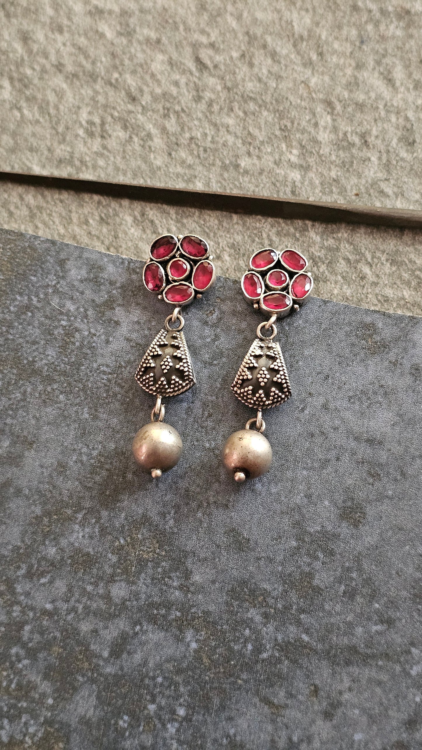 Gulnaar – Pink Garnet & Rawa Silver Danglers