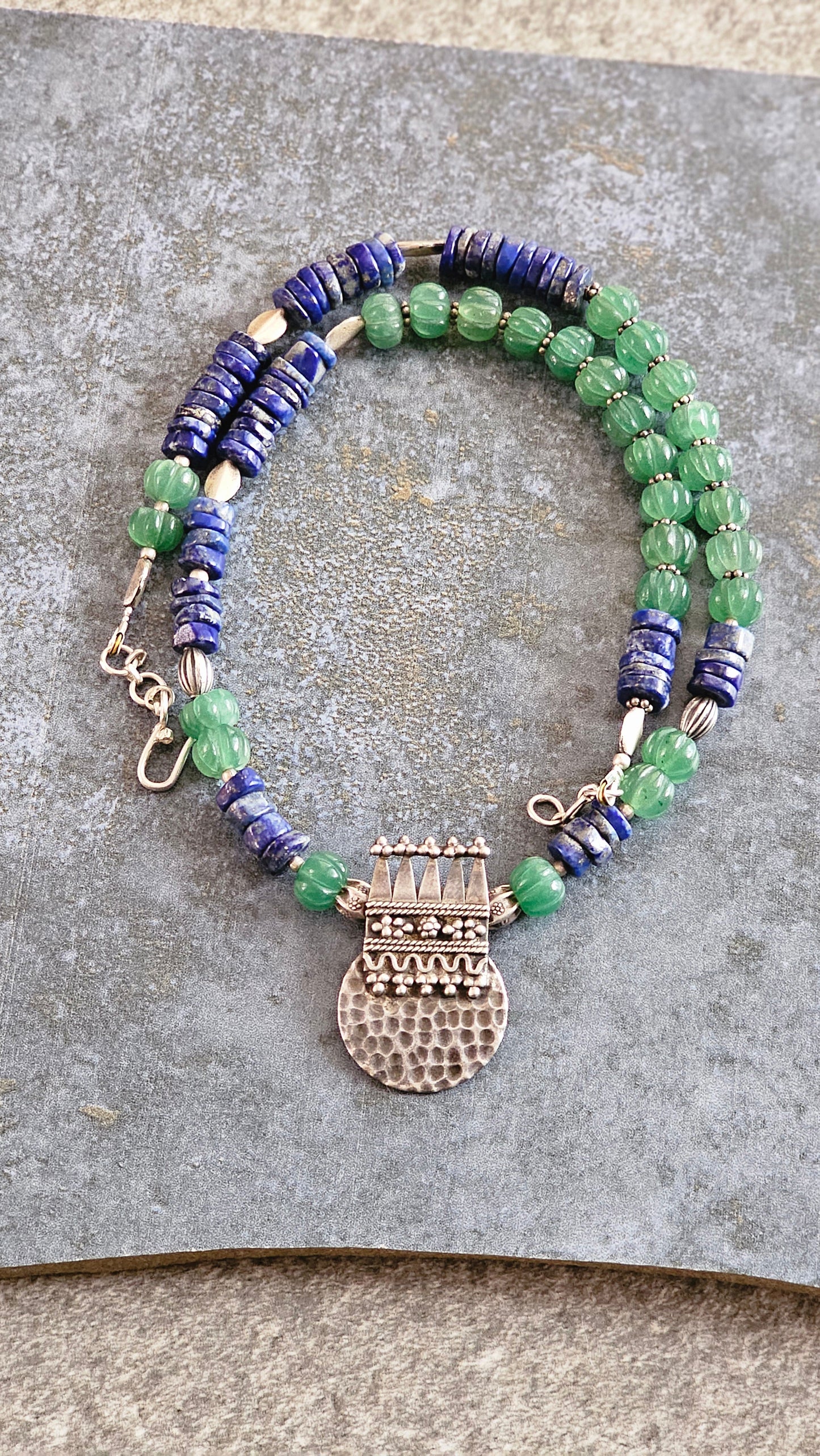 Strawberry quartz and lapis lazuli necklace with vintage elements