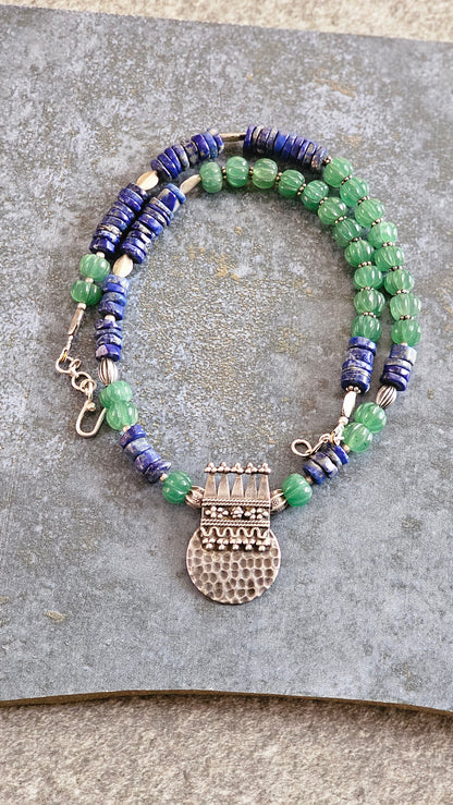 Strawberry quartz and lapis lazuli necklace with vintage elements