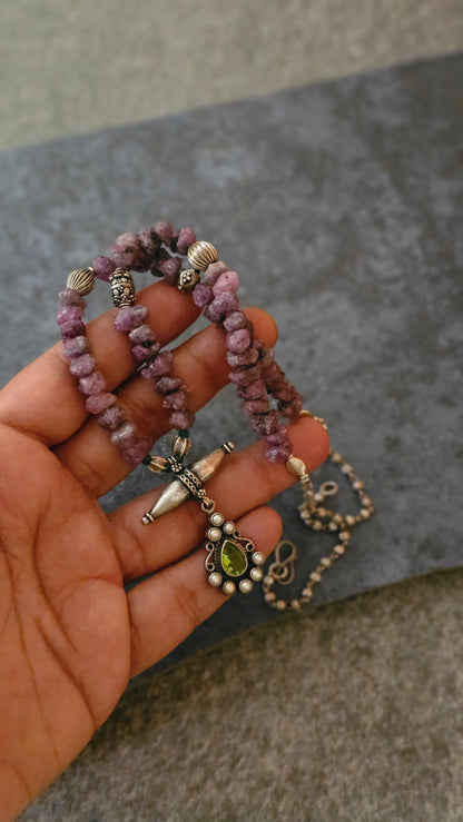 Rough uncut Ruby necklace with Peridot pendant