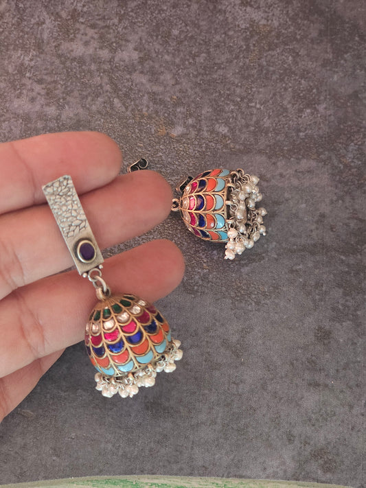 Kundan fusion silver jhumkas