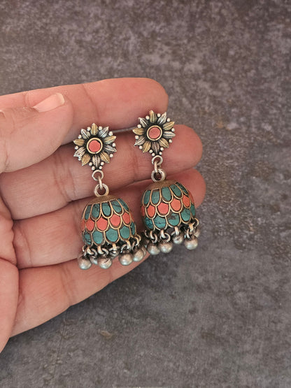 Turquoise and Coral fusion silver jhumkas