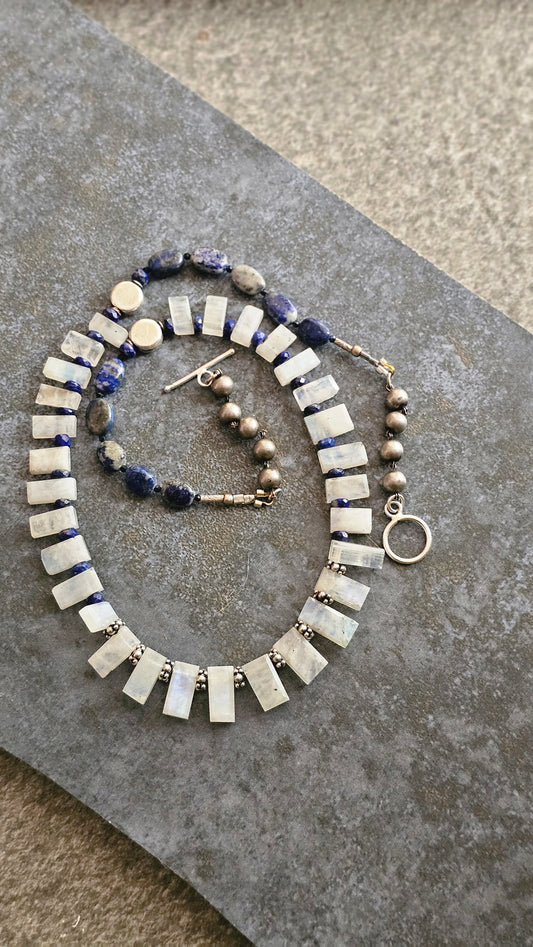 Oddly Enough — Rainbow Moonstone & Lapis Lazuli Necklace