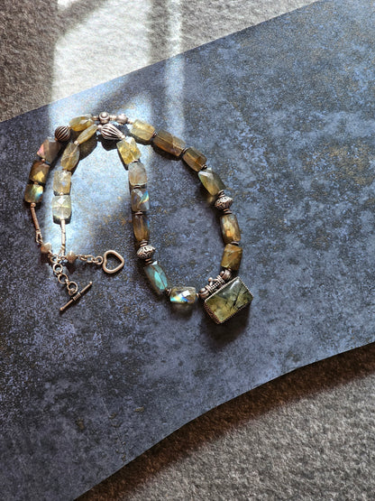 Phrenite moss Agate and labrodrite necklace