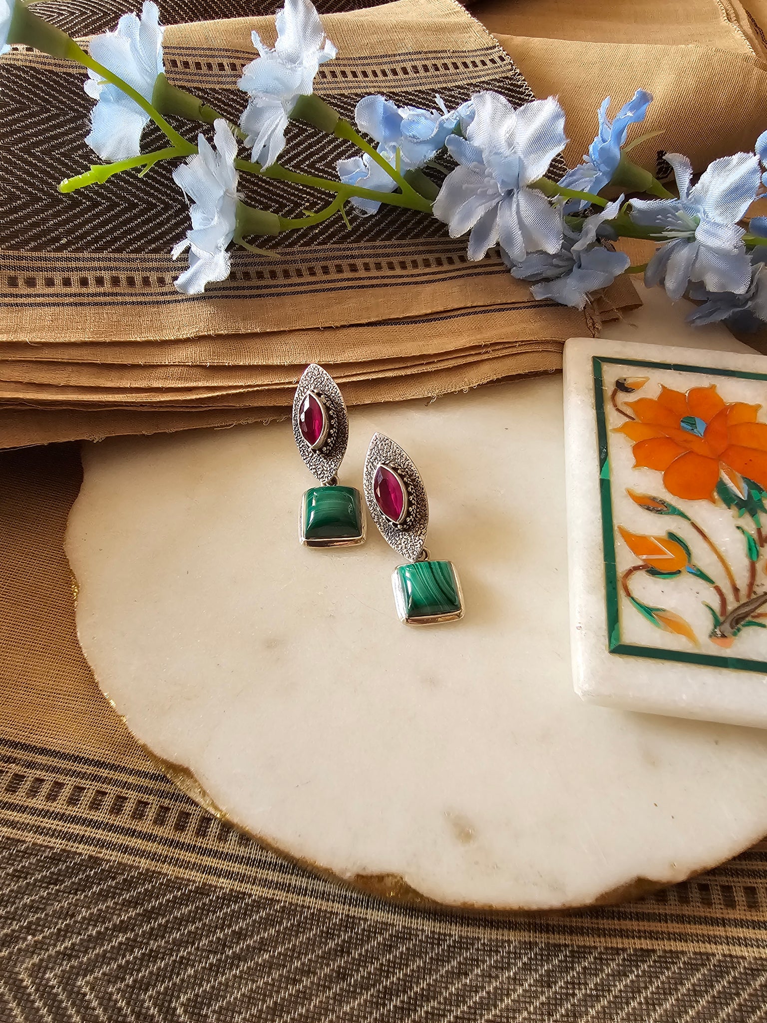 Silver 92.5 malachite danglers