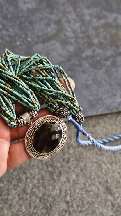 Afghani Turquoise strings with Smoky Topaz pendant necklace