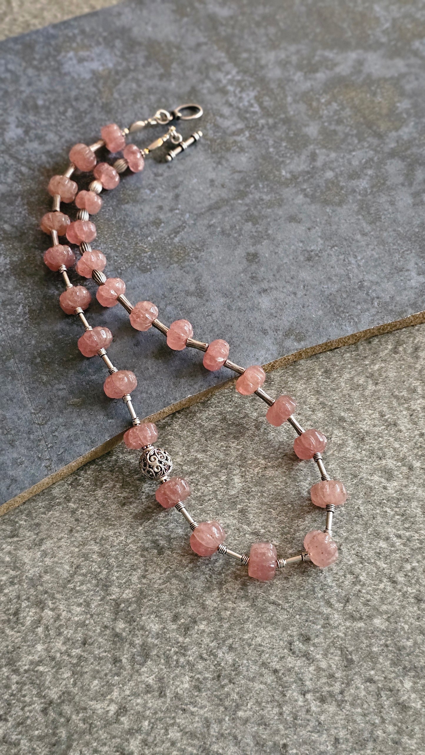 Strawberry quartz in peach color necklace with silver tubes