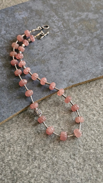Strawberry quartz in peach color necklace with silver tubes