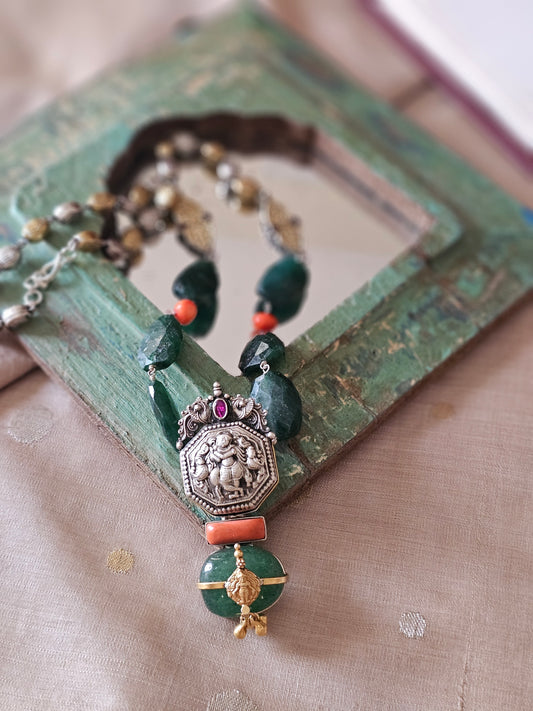 Krsna Nakash Silver Krishna Pendant Necklace | 92.5 Silver Necklace with Emerald Nuggets, Coral & Two-Tone Chain