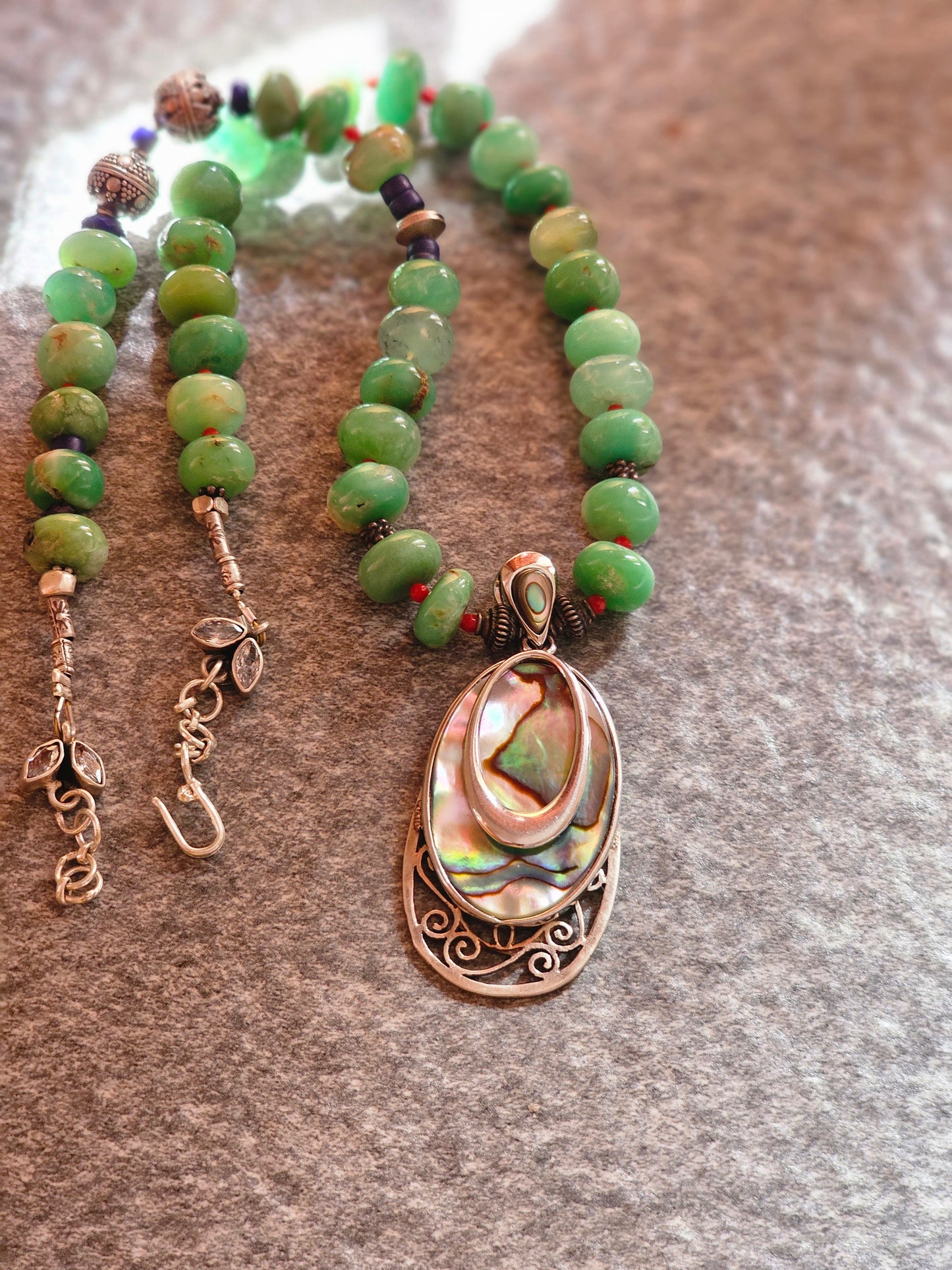 Chrysoprace gemstone necklace abalone shell pendant