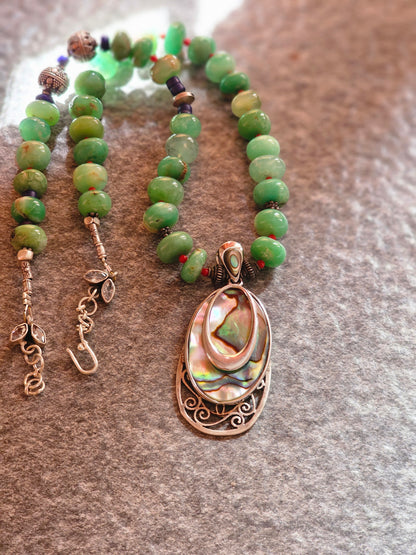 Chrysoprace gemstone necklace abalone shell pendant