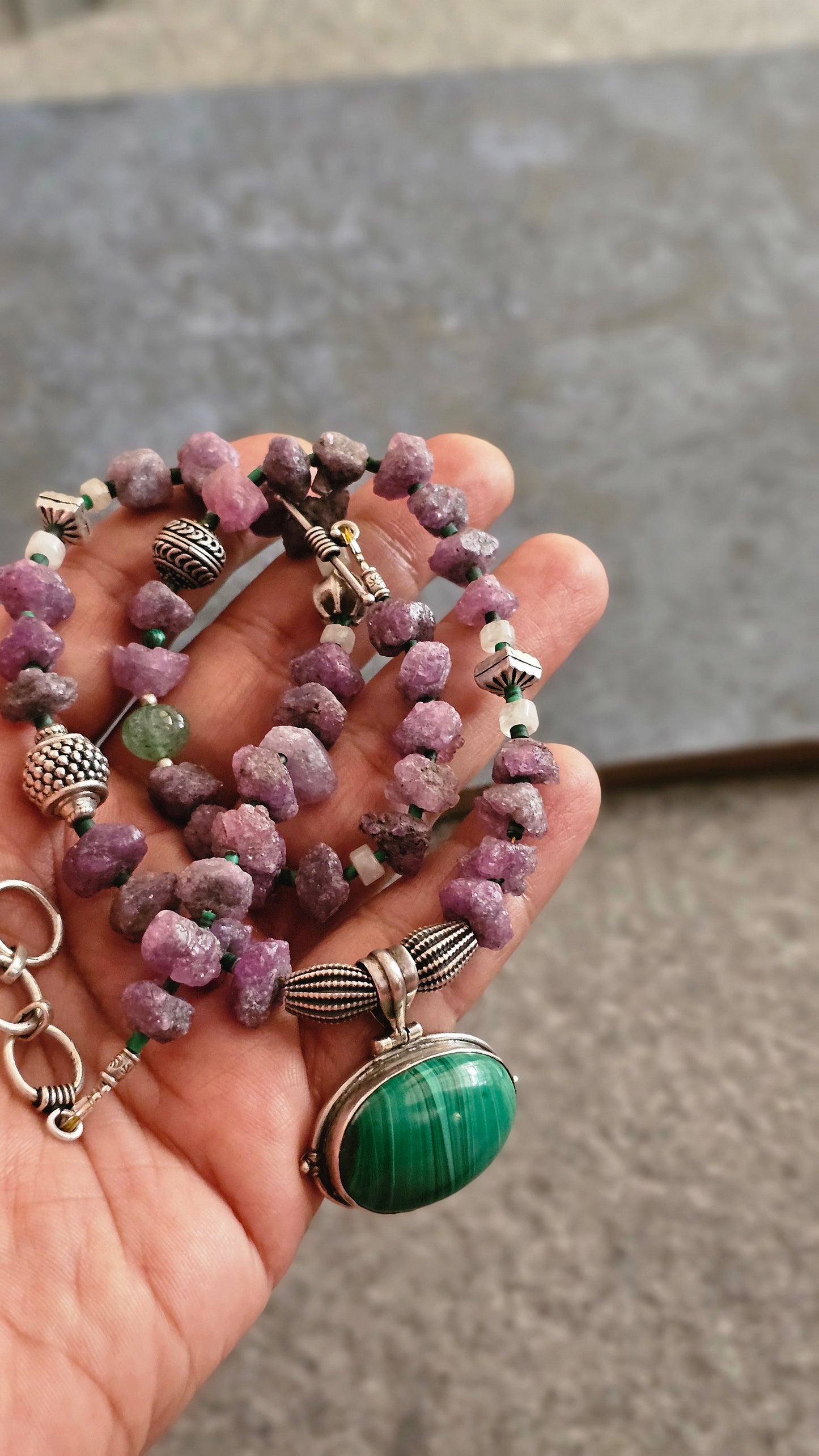 Rough uncut Ruby necklace with Malachite pendant