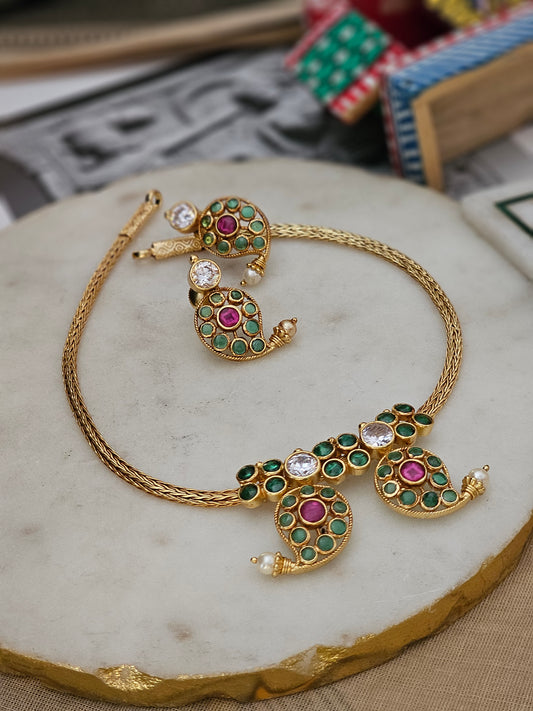 Manga Malai Antique Gold Polish Silver Adigai Necklace Set – 92.5 Handcrafted Heritage Jewelry