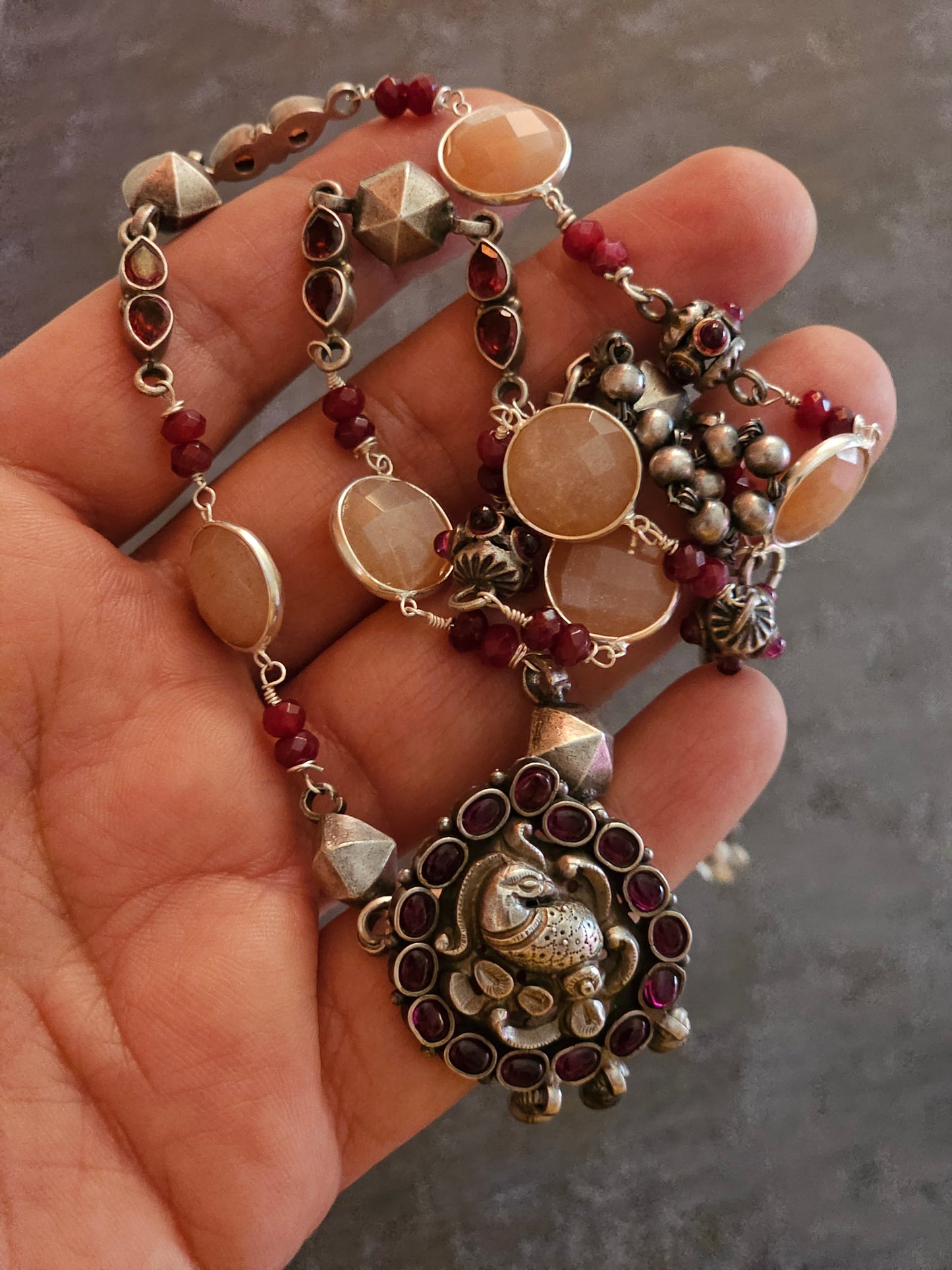 Pink jade, silver nakash necklace