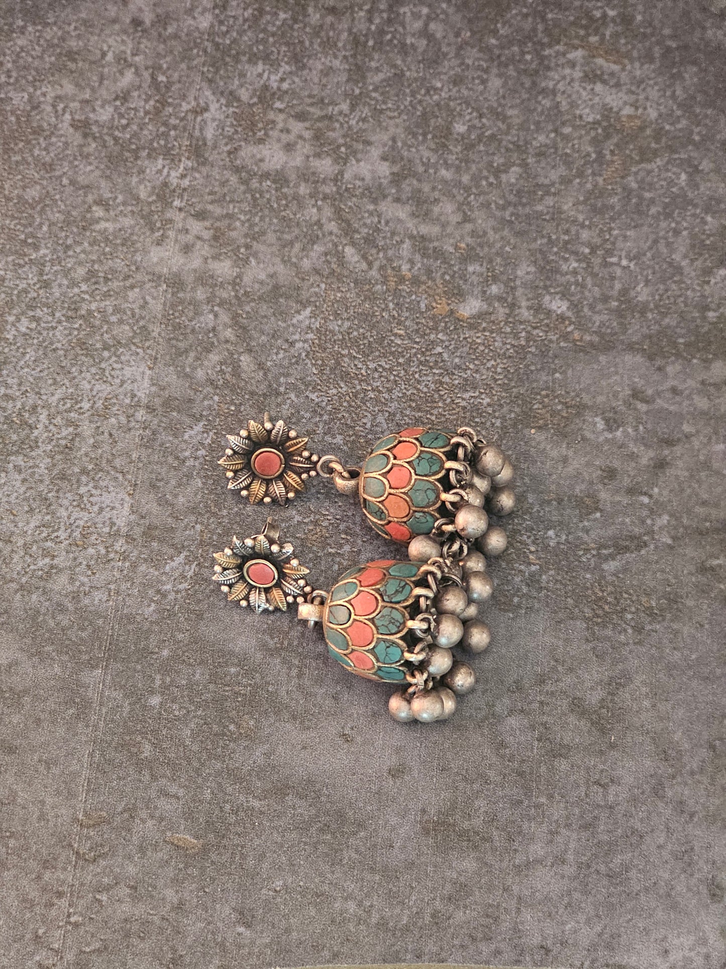 Turquoise and Coral fusion silver jhumkas