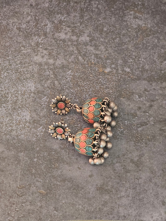 Turquoise and Coral fusion silver jhumkas