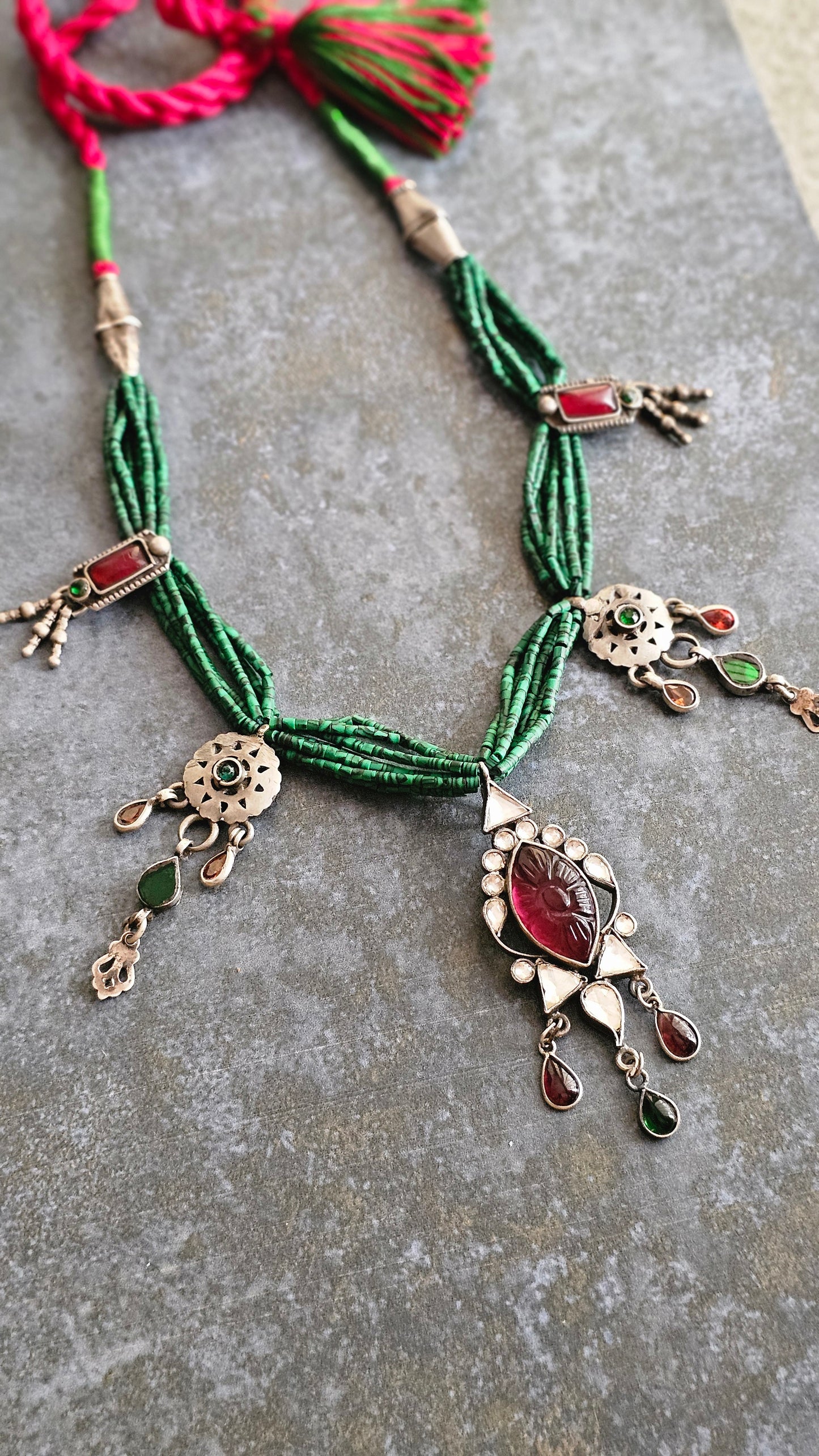 Malachite carved garnet and vintage silver necklace