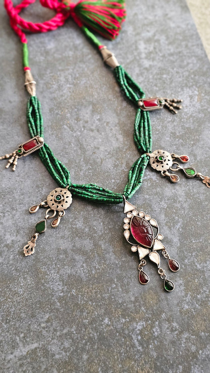 Malachite carved garnet and vintage silver necklace