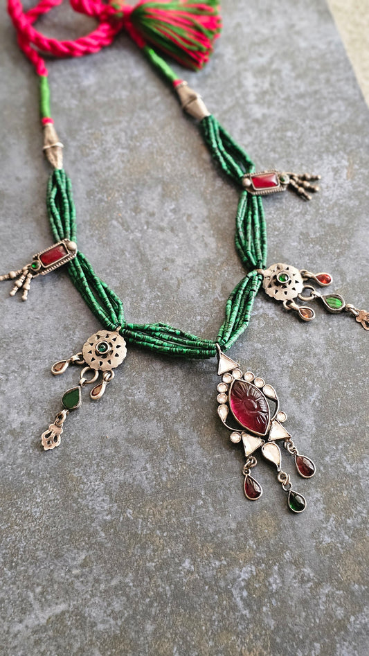 Malachite carved garnet and vintage silver necklace