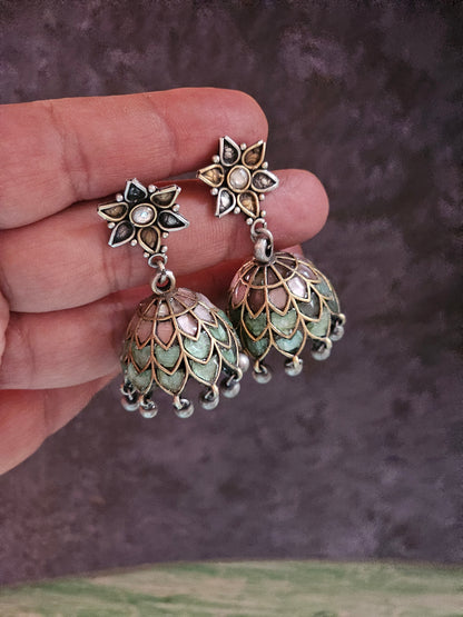 Pink and teal enamel jhumkis