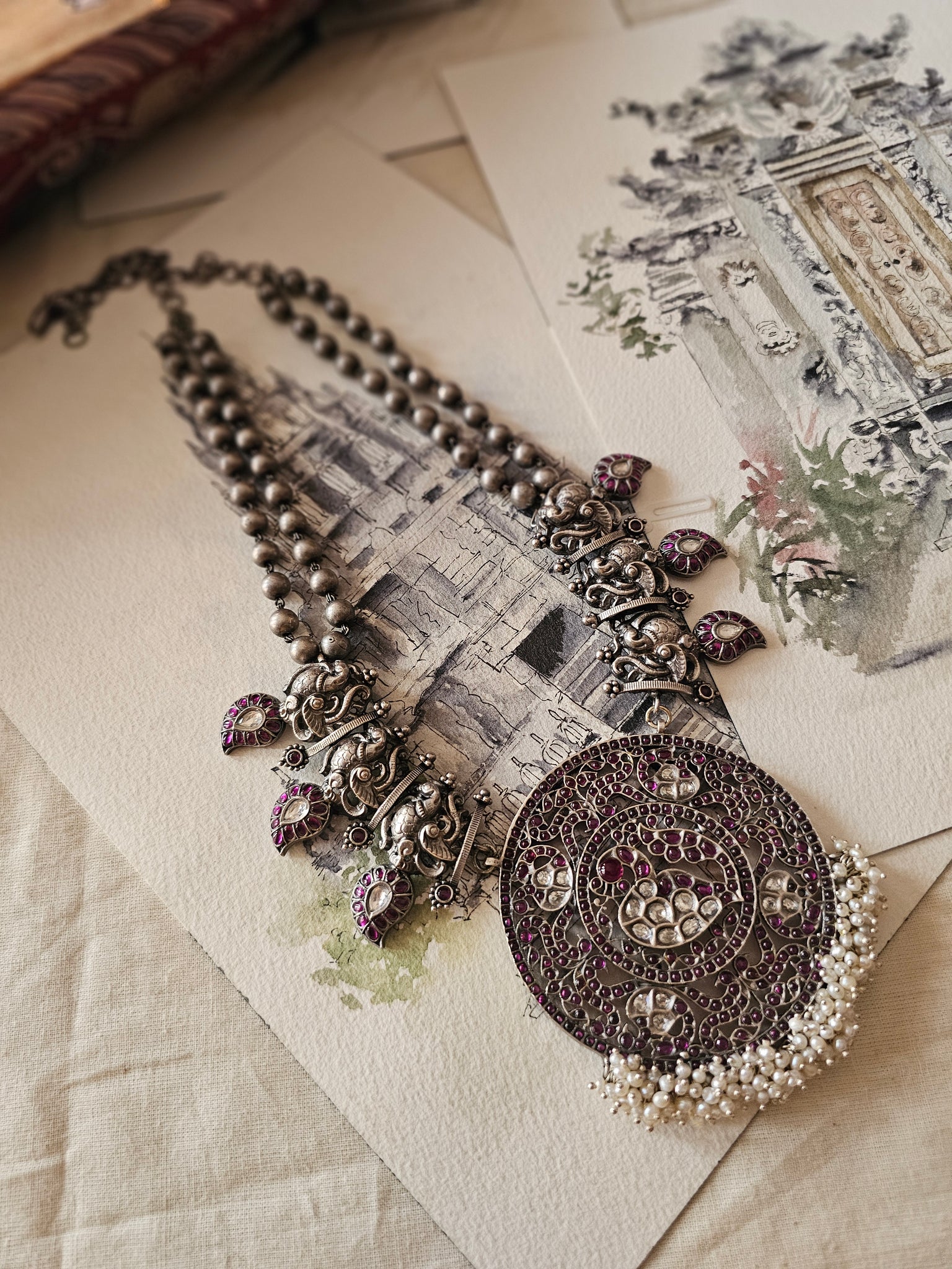 Anam Nakash Medallion Necklace in 92.5 Silver with Red Kemp Stones – Limited Edition
