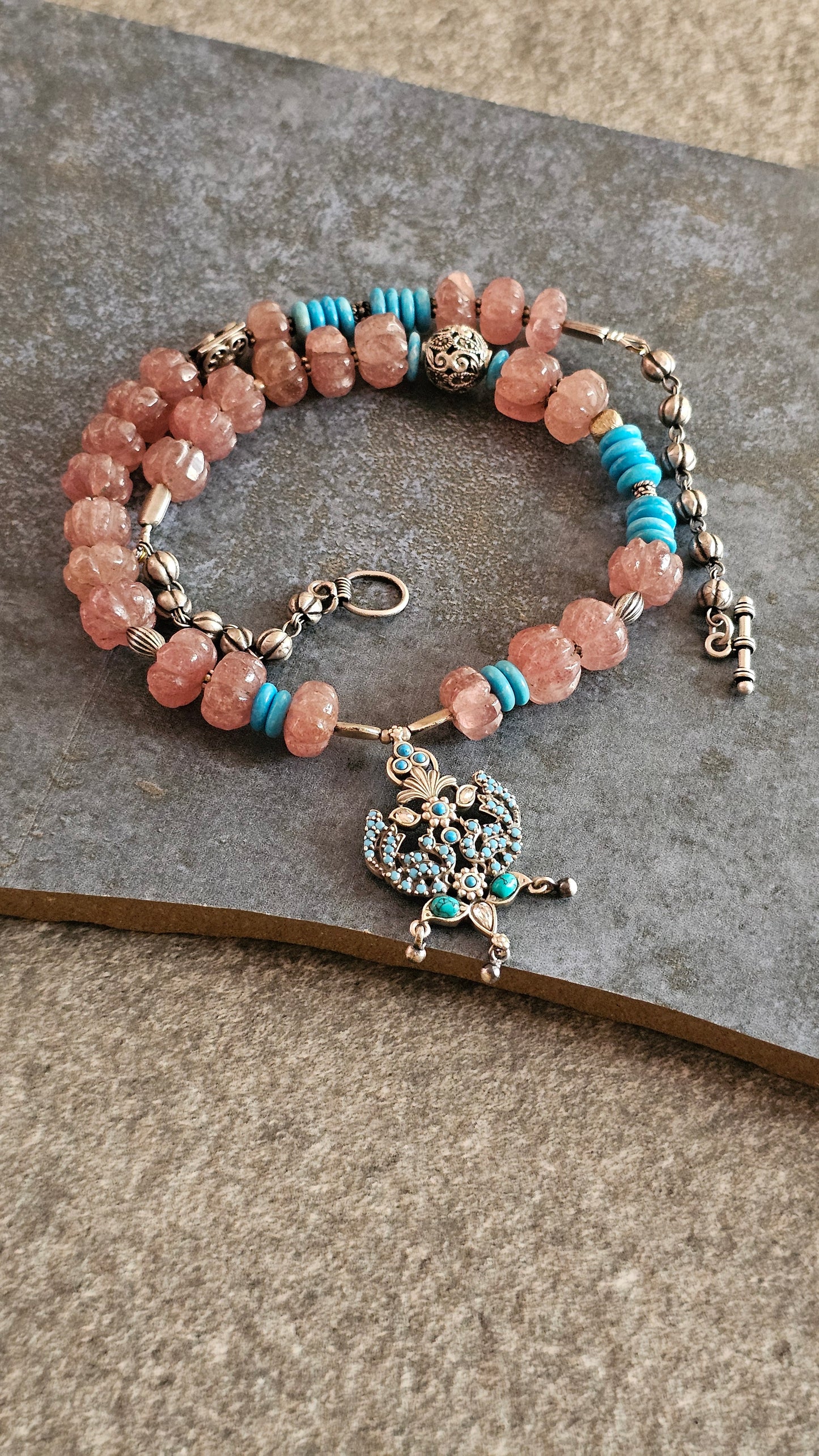 Peach Strawberry Quartz & Turquoise Peacock Pendant Necklace (92.5 Silver)