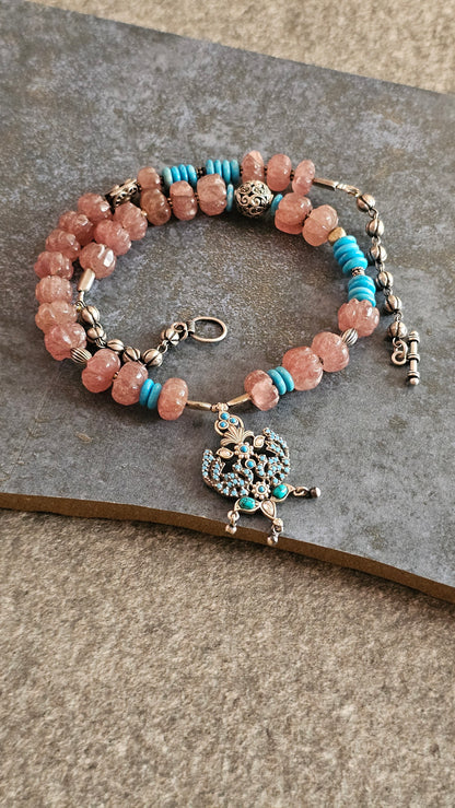 Peach Strawberry Quartz & Turquoise Peacock Pendant Necklace (92.5 Silver)