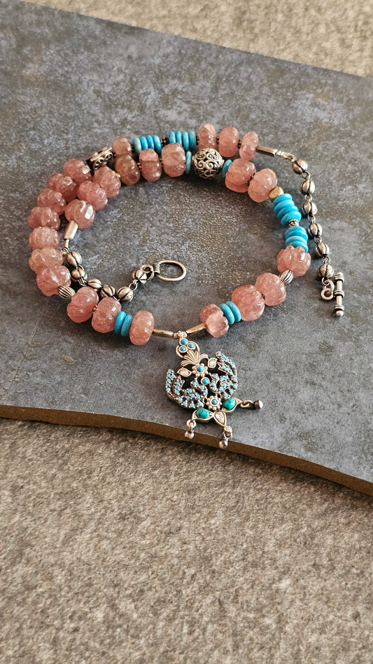 Peach Strawberry Quartz & Turquoise Peacock Pendant Necklace (92.5 Silver)