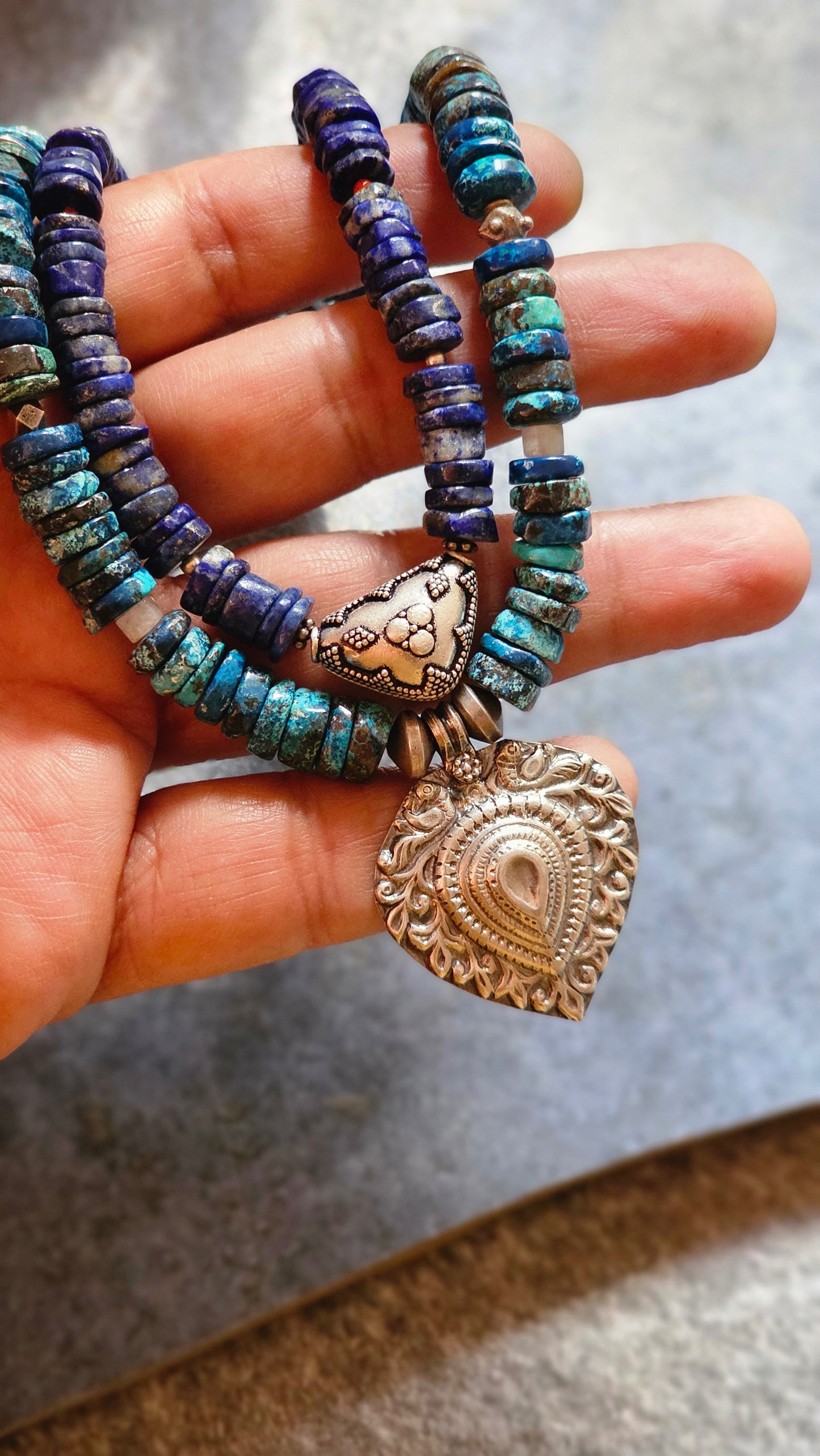 Lapis lazuli and Azurite necklace tribal pendants