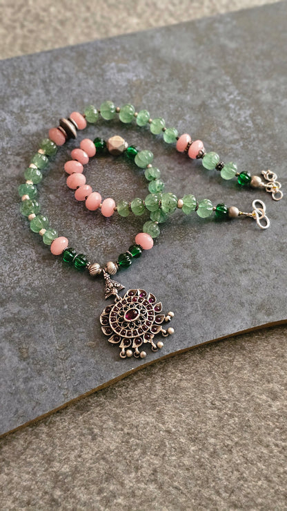Pink Rhodonite, strawberry quartz Kemp pendant necklace