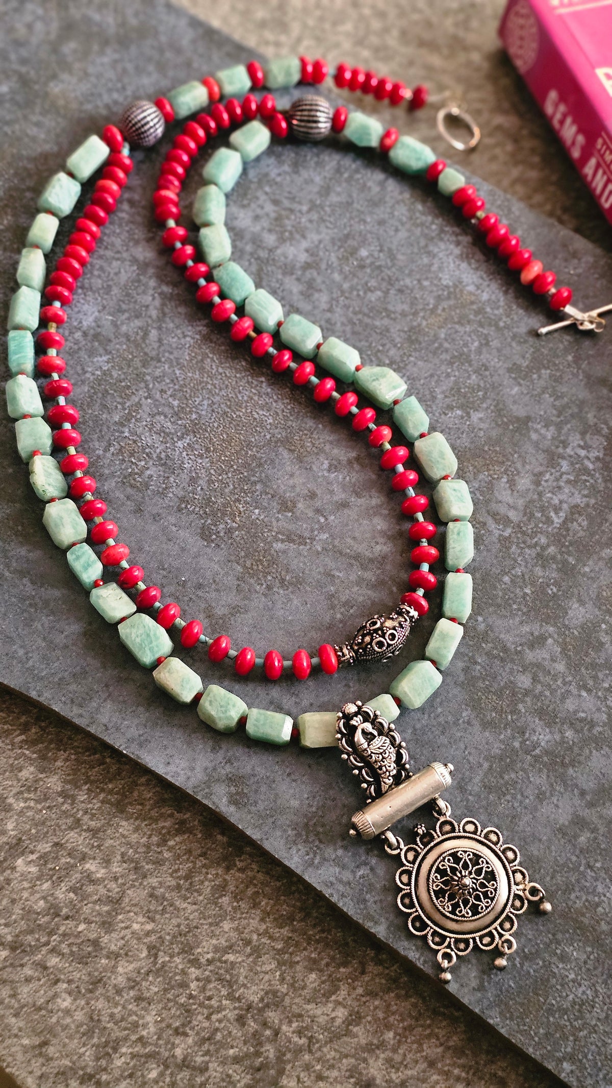 Amazonite, Coral & Silver Double-Strand Necklace