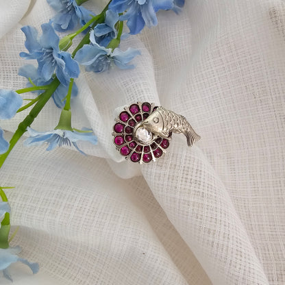 Silver 92.5 kemp and moissanite fish motif ring