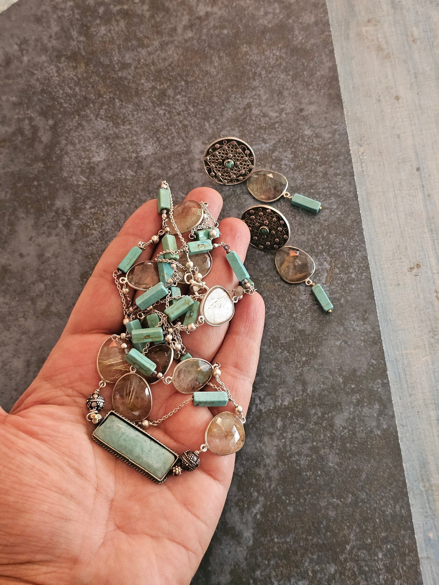 Golden Rutailed quartz,turquoise tubes layered necklace with a bar pendant