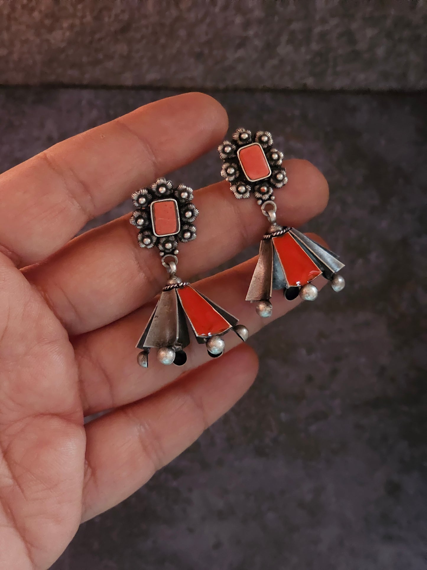 Coral and enamel silver fusion jhumkas