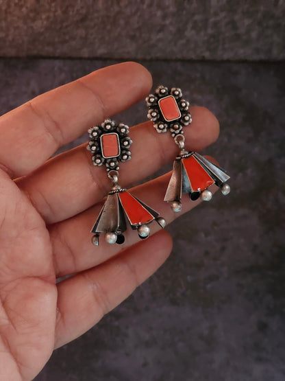 Coral and enamel silver fusion jhumkas