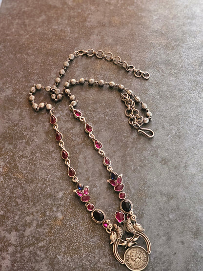 Blue and Pink kempu silver 92.5 necklace