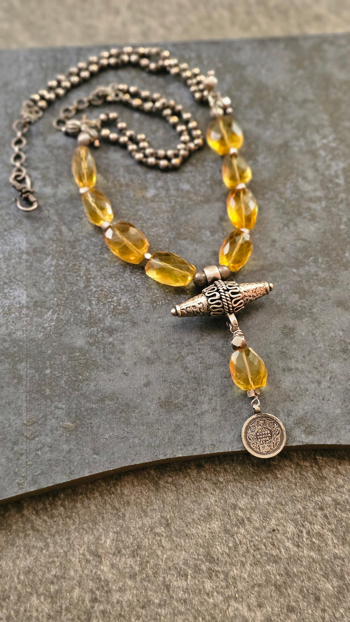 Yellow citrine quartz necklace vintage silver coin pendant