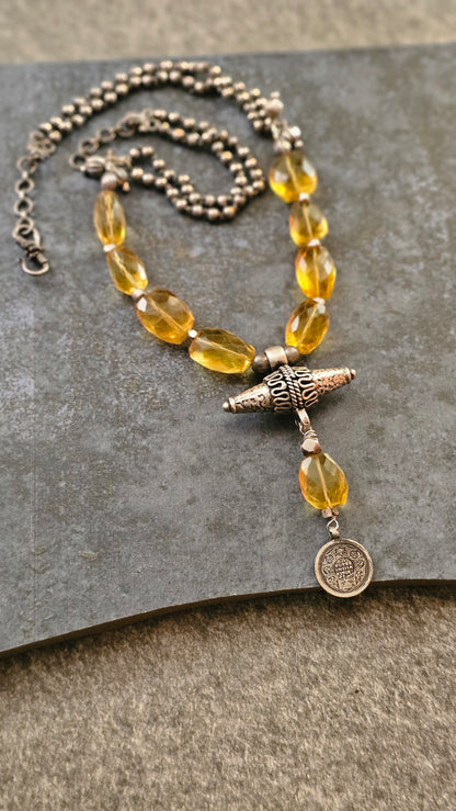 Yellow citrine quartz necklace vintage silver coin pendant