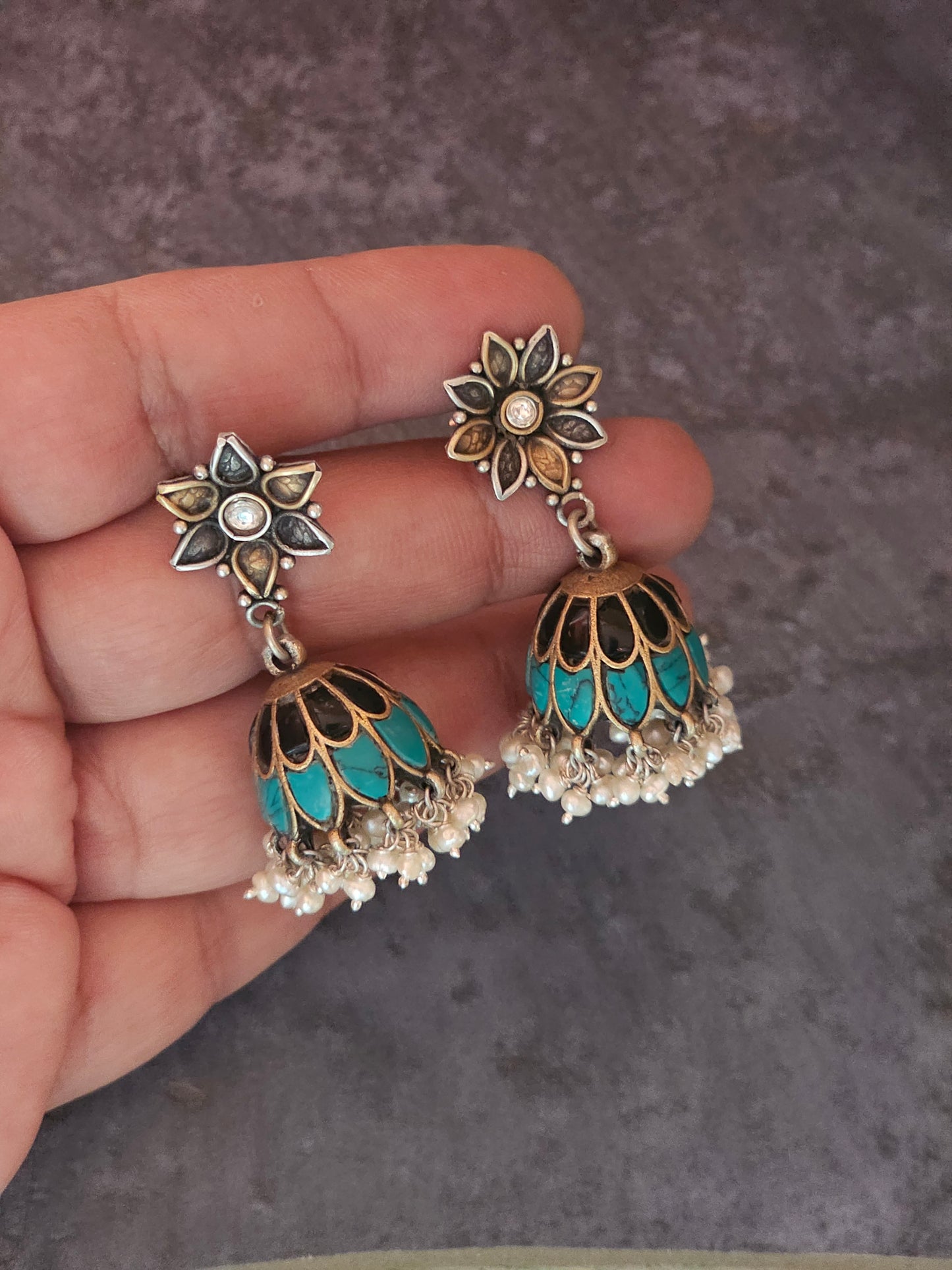 Turquoise and lapis lazuli fusion silver jhumkas