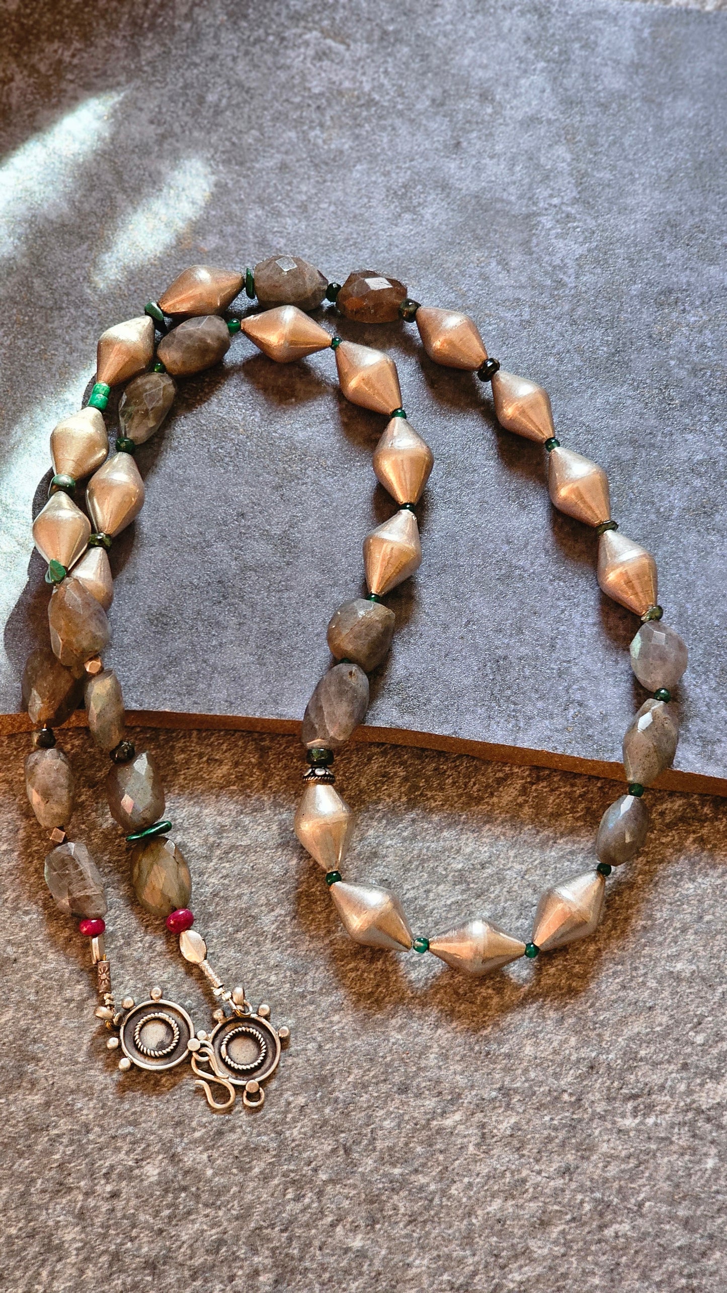 Fire Labradorite with silver dholki beads necklace