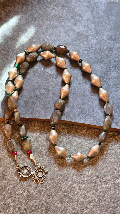 Fire Labradorite with silver dholki beads necklace