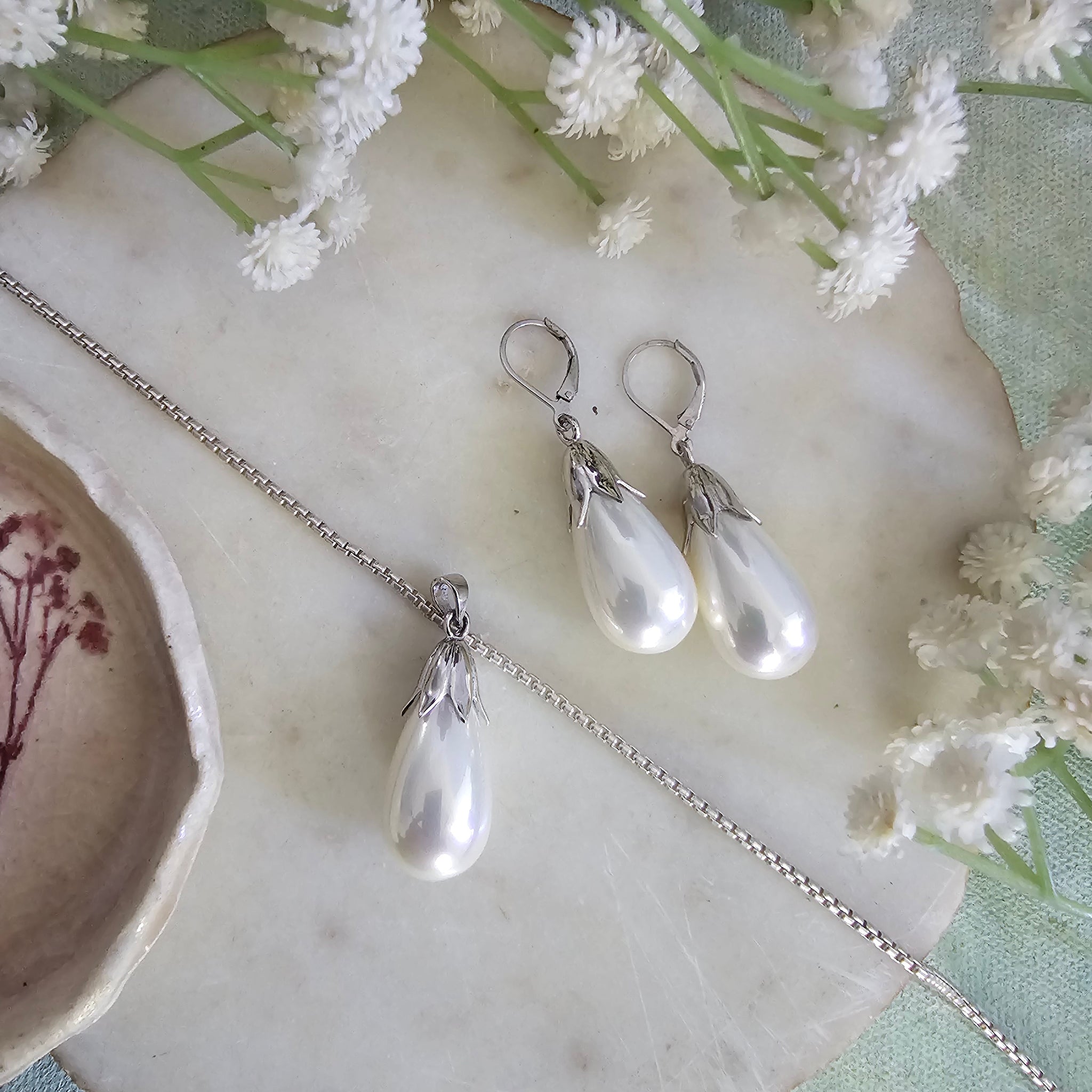 Handmade silver 92.5 pearl drop set