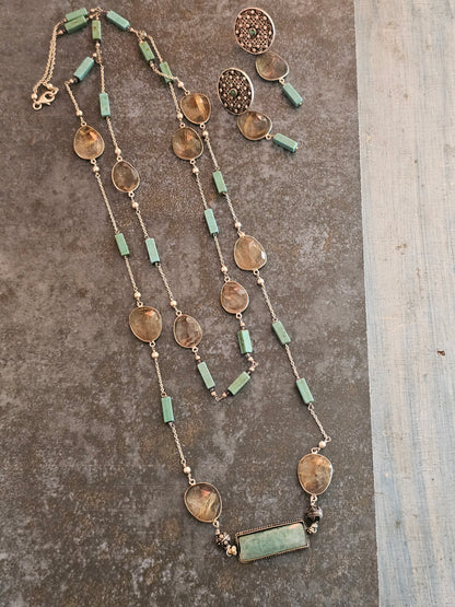 Golden Rutailed quartz,turquoise tubes layered necklace with a bar pendant