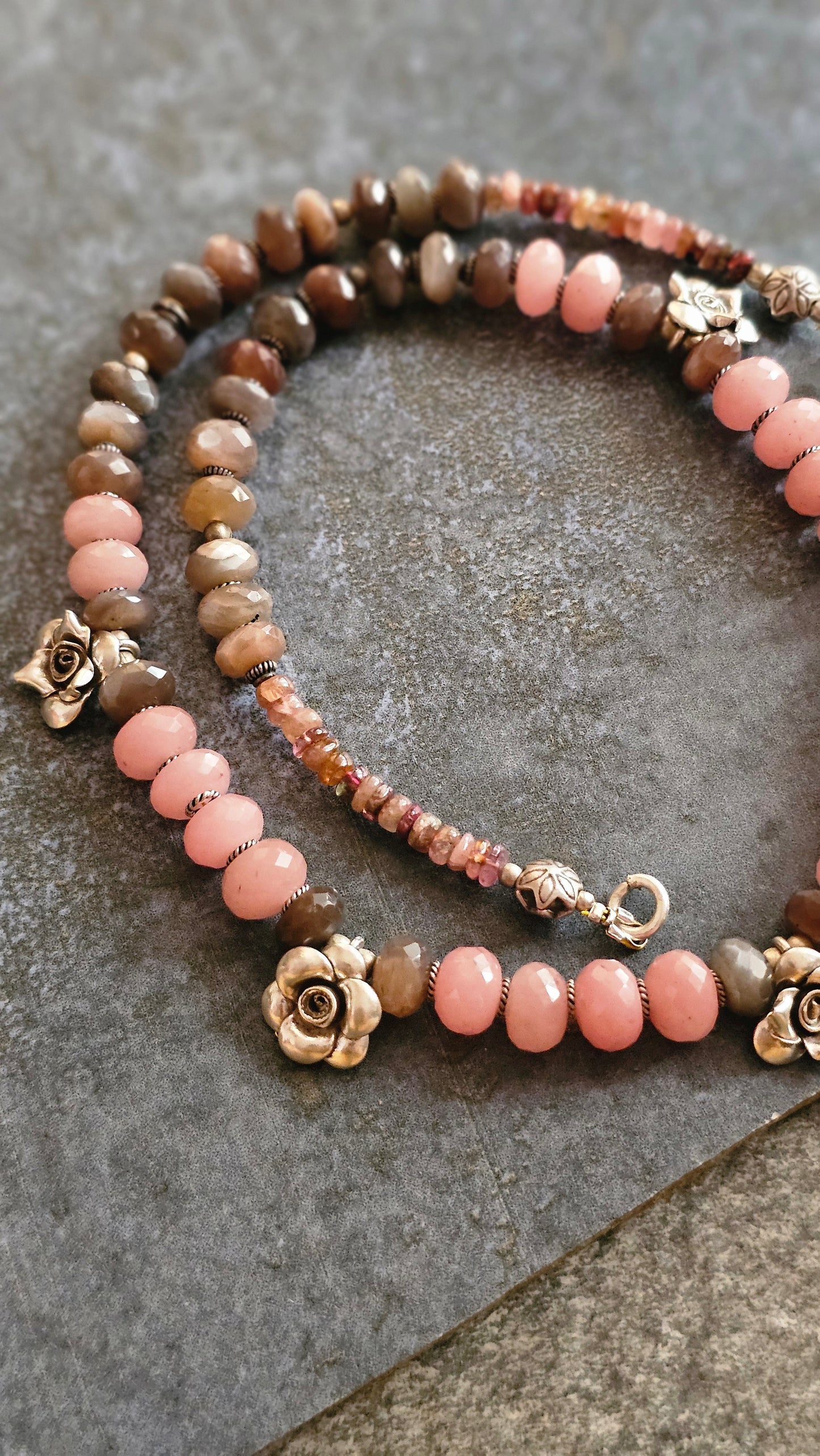Pink Rhodocrhrosite and Chocolate Moonstone hill tribe silver rosette necklace