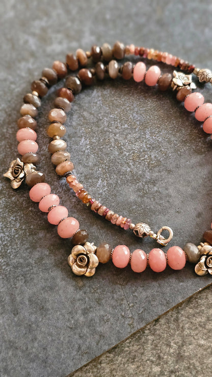 Pink Rhodocrhrosite and Chocolate Moonstone hill tribe silver rosette necklace