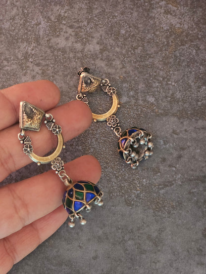 Kundan two tone silver fusion jhumkas