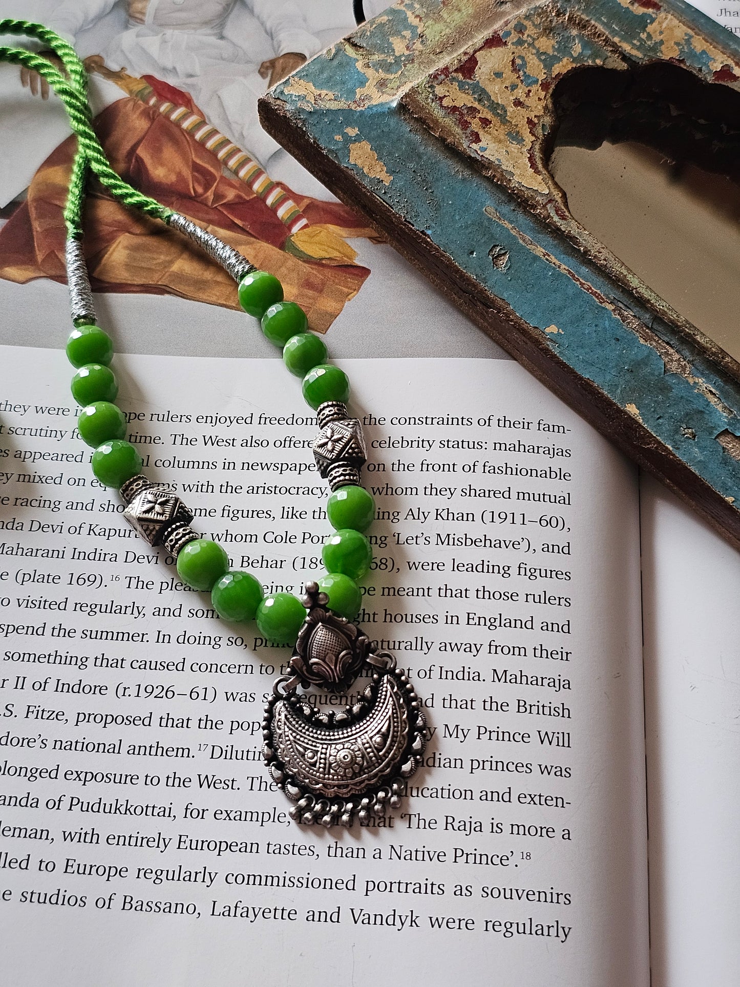 Navya Silver Chaandbali Pendant Necklace Set | 92.5 Silver Short Necklace with Faceted Green round agates & Earrings