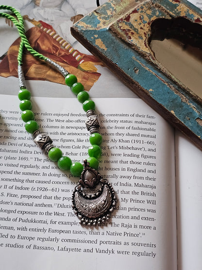 Navya Silver Chaandbali Pendant Necklace Set | 92.5 Silver Short Necklace with Faceted Green round agates & Earrings