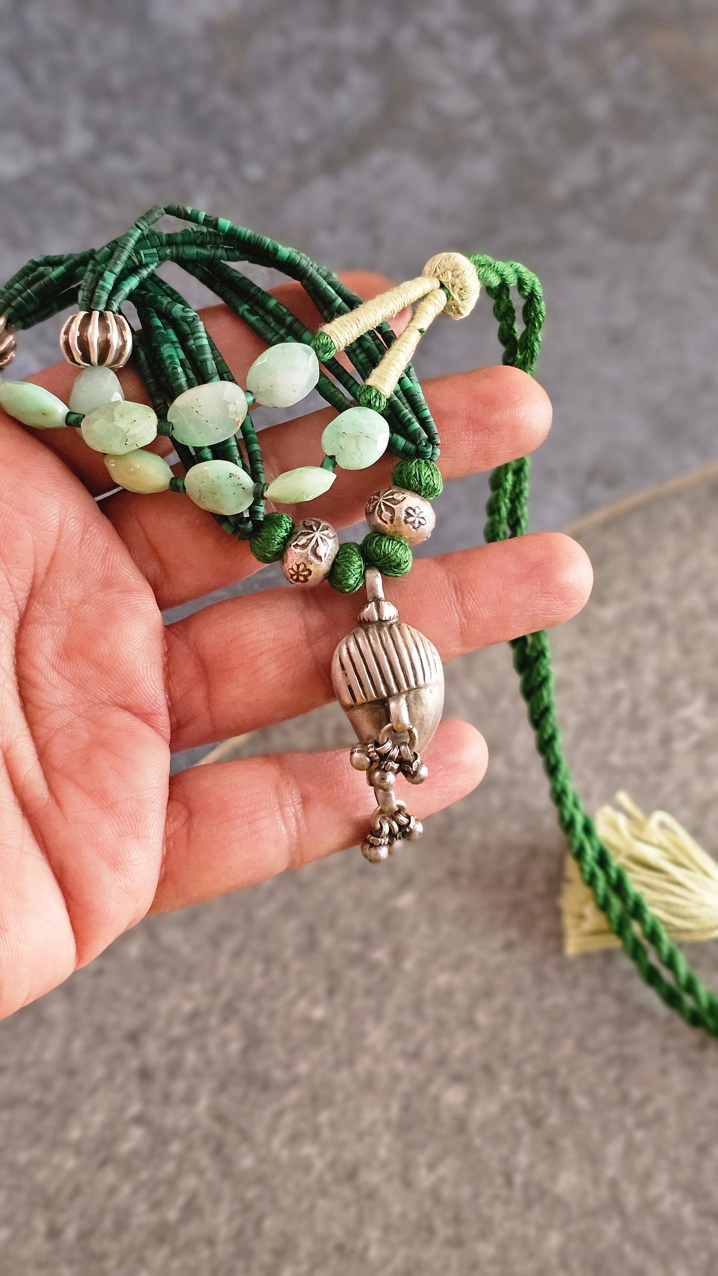 Vintage Mango Ghungroo Necklace in African Malachite & Chrysoprase Silver Beads